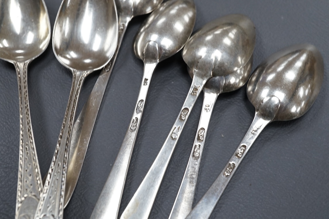 Seven George III Irish Celtic point bright cut teaspoons, John Pittar, Dublin, circa 1760, 13cm, 88 grams.
